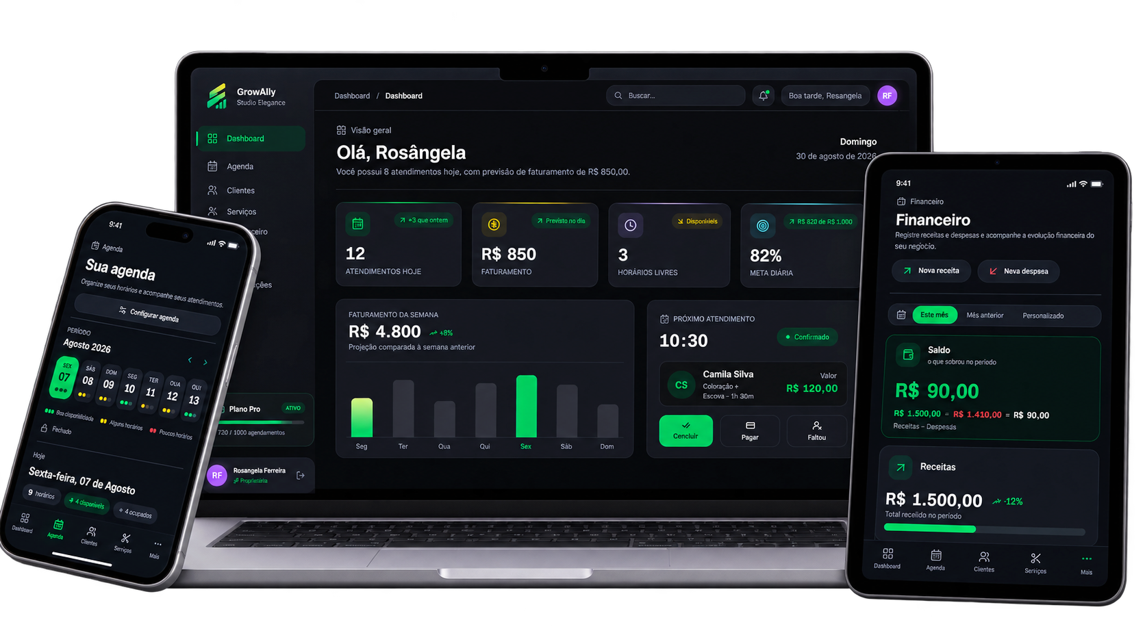 Growally — tela da plataforma com agenda, clientes e financeiro